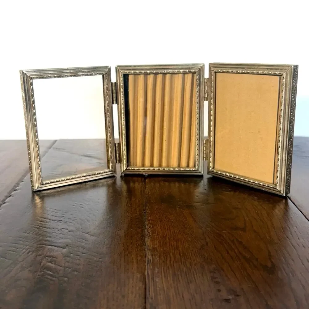 Vintage Brass Triple Hinged Mini Picture Frame | Folding Tri-Fold Photo Frame